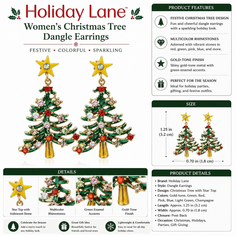 Holiday‎ Lane Christmas Tree Drop Earrings Gold Tone Enamel Rhinestone Star New